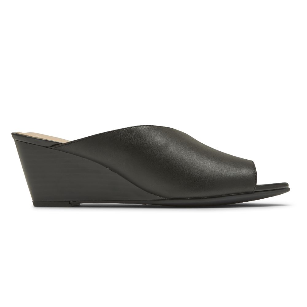 Rockport Women's Total Motion Taylor Asymmetrical Wedges Slides - Black - USA (7269XGTHU)